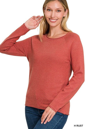 Viscose Round Neck Basic Sweater ZENANA H RUST S 