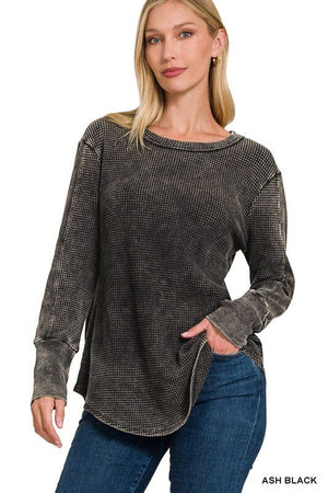 WASHED BABY WAFFLE LONG SLEEVE TOP ZENANA ASH BLACK S 