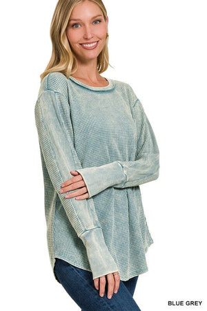 WASHED BABY WAFFLE LONG SLEEVE TOP ZENANA BLUE GREY S 