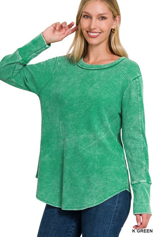 WASHED BABY WAFFLE LONG SLEEVE TOP ZENANA TEAL S 