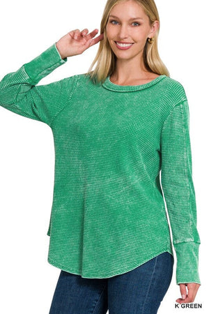 WASHED BABY WAFFLE LONG SLEEVE TOP ZENANA K GREEN S 