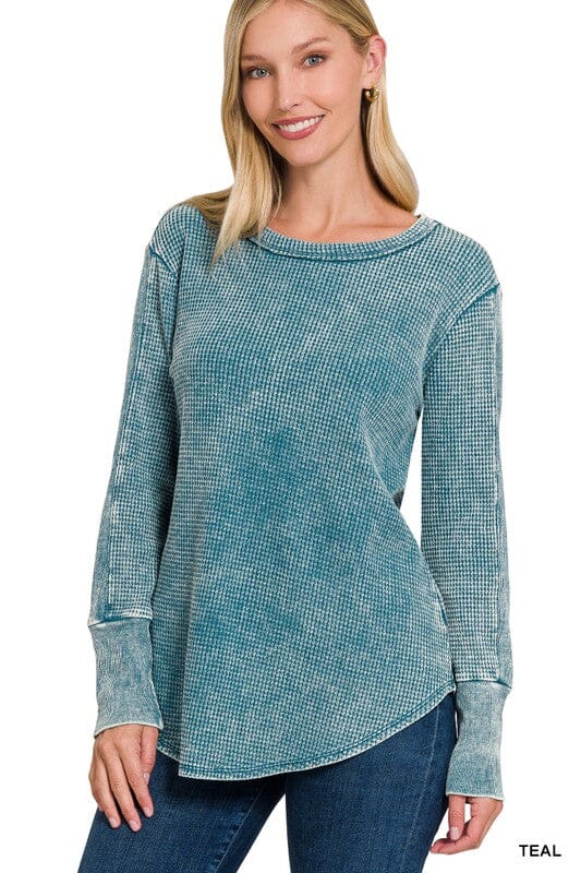 WASHED BABY WAFFLE LONG SLEEVE TOP ZENANA TEAL S 