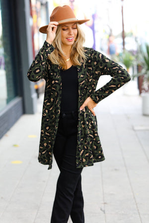 Weekend Envy Olive Animal Print Open Cardigan Red Lolly 
