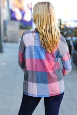 Weekend Ready Blue & Plum Checker Plaid French Terry Top Haptics 