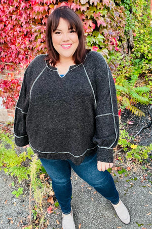 Weekend Ready Charcoal Two Tone Knit Notched Neck Raglan Top Haptics 