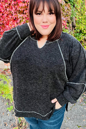 Weekend Ready Charcoal Two Tone Knit Notched Neck Raglan Top Haptics 