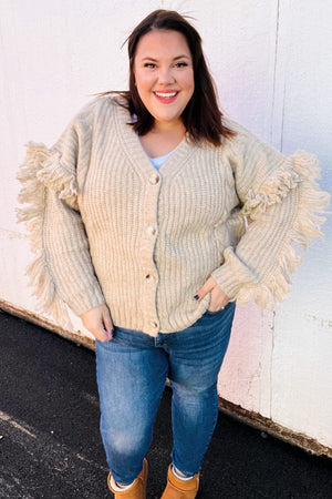 Weekend Ready Oatmeal V Neck Fringe Chunky Cable Cardigan Bloom 2023 Winter Sale 