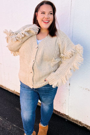 Weekend Ready Oatmeal V Neck Fringe Chunky Cable Cardigan Bloom 2023 Winter Sale 