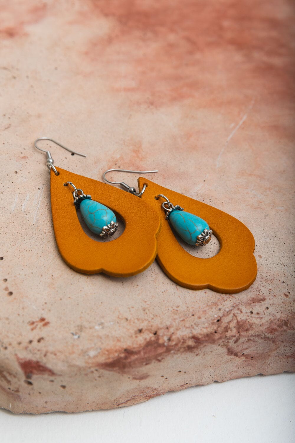 Western Leather Cutout Earrings w/ Turquoise Stone Jewelry Leto Collection Camel 