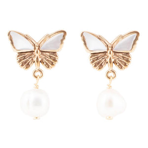 White Mother of Pearl Golden Butterflies Post Drop Earrings