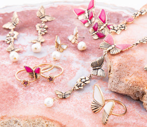 White Mother of Pearl Golden Butterflies Post Drop Earrings