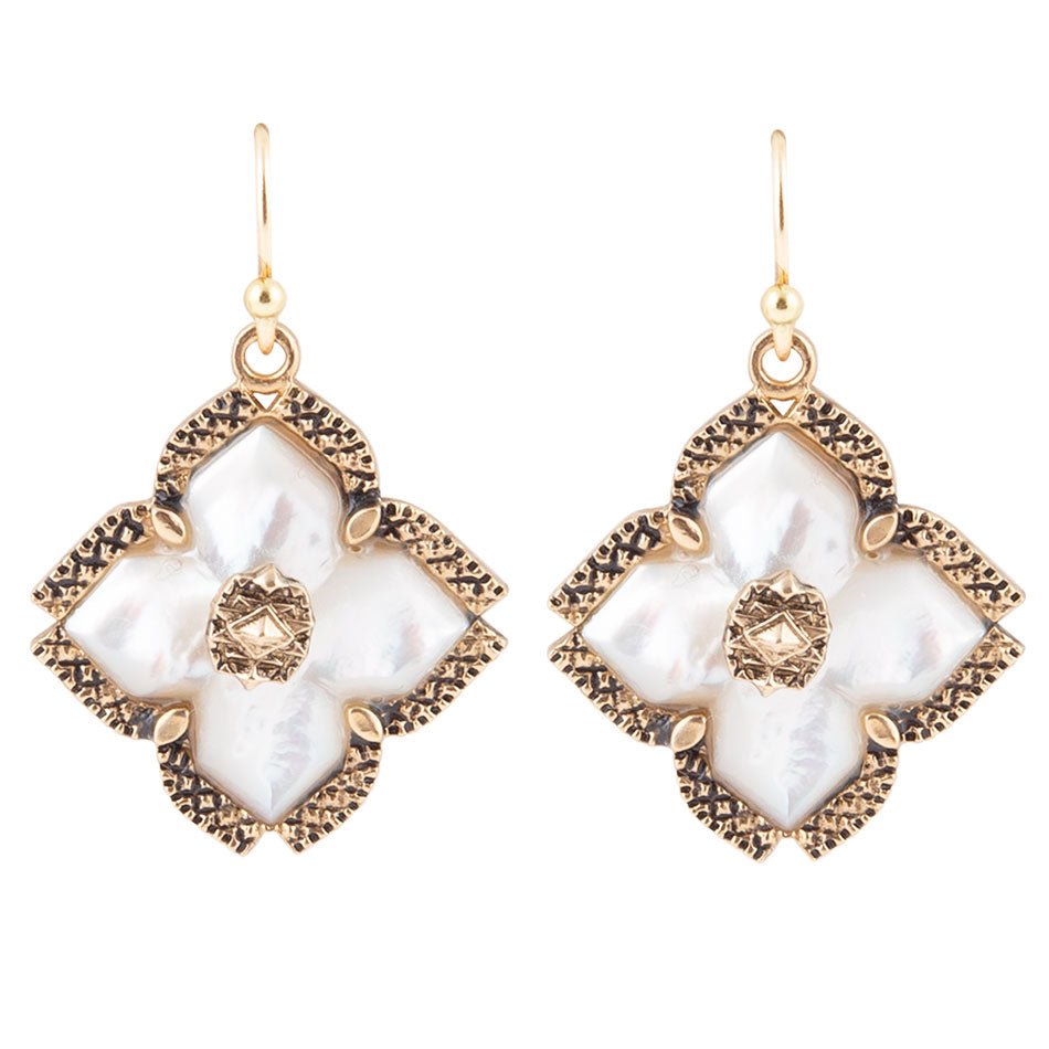 White Mother of Pearl Maltese Cross Golden Drop Earrings
