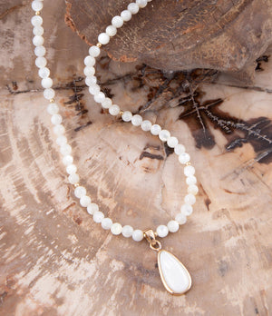 White Mother of Pearl Tear Drop Golden Pendant Necklace