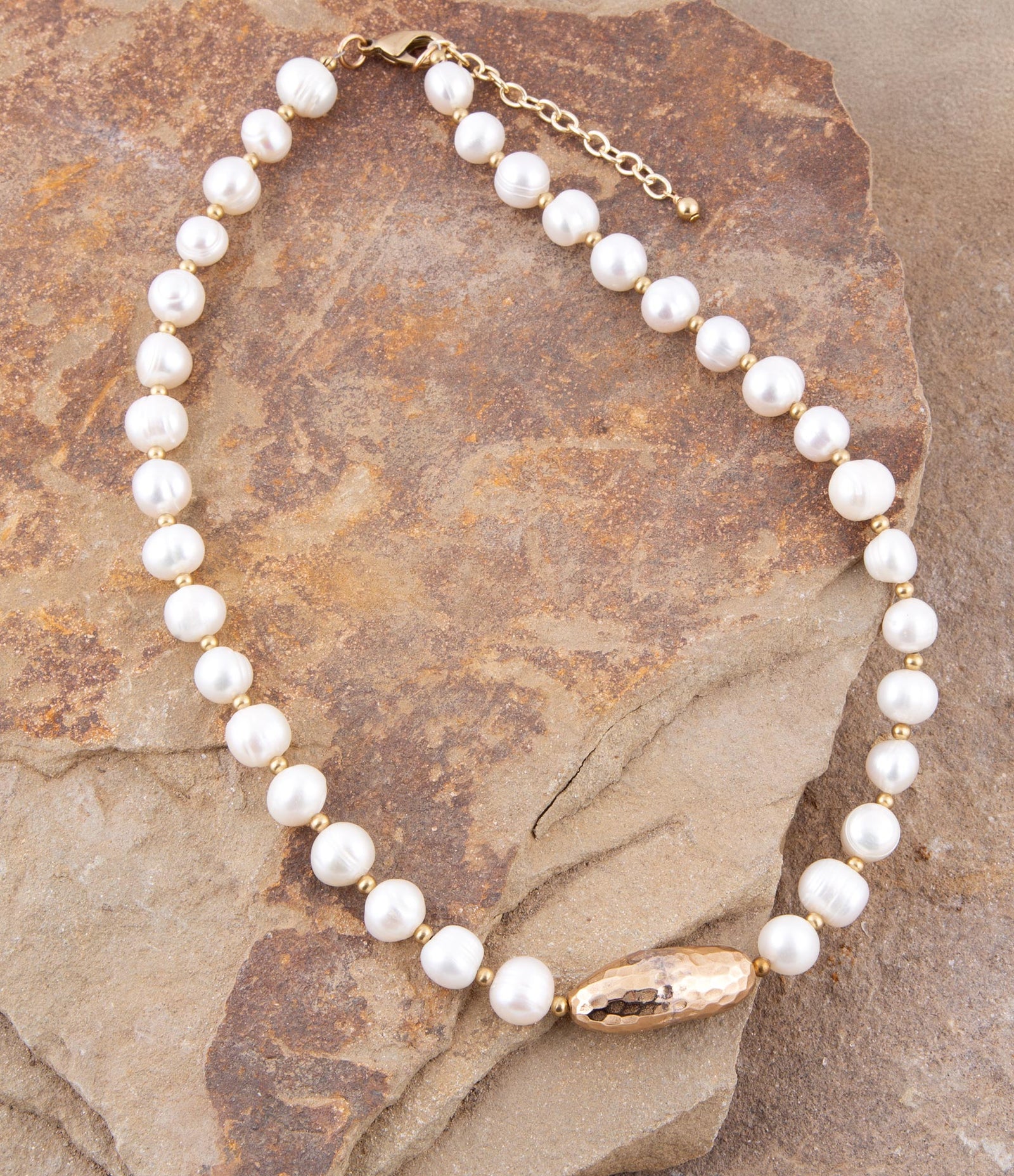 White Pearl Golden Beaded Strand Necklace
