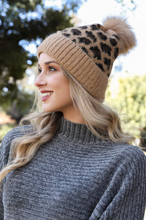Wild Leopard Knit Beanie Beanies Leto Collection Camel 