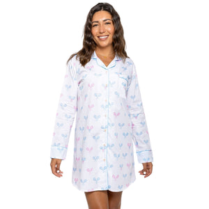 Women's Tennis Bows Night Shirt - Blue Pink Organic Cotton Poplin