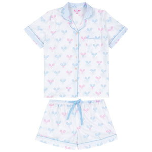 Women's Tennis Bows Short PJ Set - Blue Pink Organic Cotton Poplin