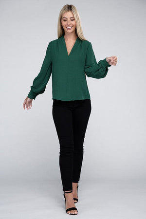 Woven Airflow V-Neck Long Sleeve Top ZENANA 