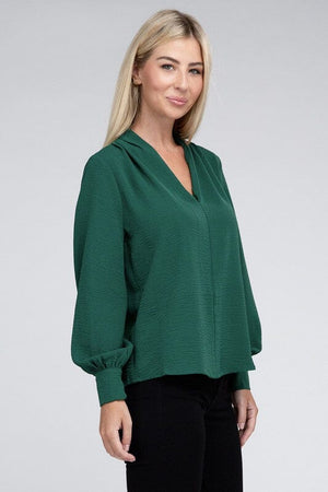 Woven Airflow V-Neck Long Sleeve Top ZENANA 