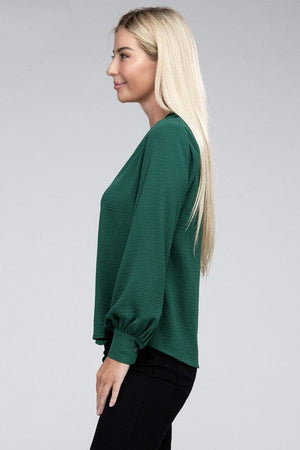 Woven Airflow V-Neck Long Sleeve Top ZENANA 