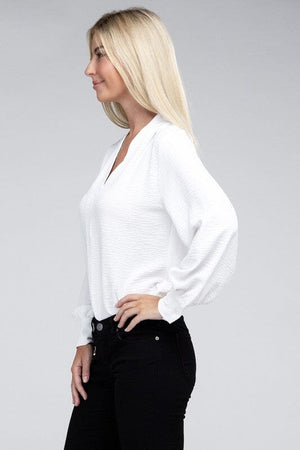 Woven Airflow V-Neck Long Sleeve Top ZENANA 