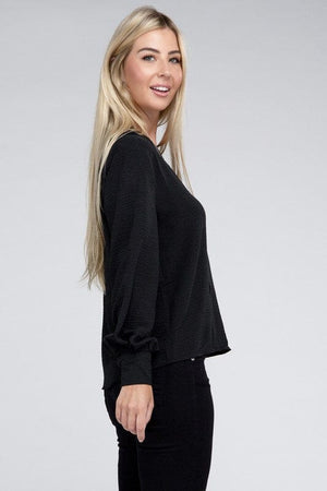 Woven Airflow V-Neck Long Sleeve Top ZENANA 