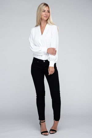 Woven Airflow V-Neck Long Sleeve Top ZENANA 