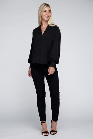 Woven Airflow V-Neck Long Sleeve Top ZENANA 