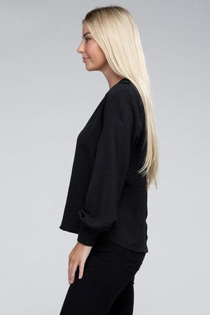 Woven Airflow V-Neck Long Sleeve Top ZENANA 