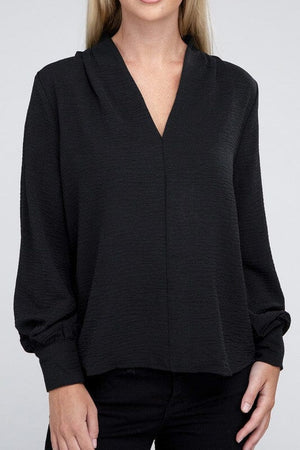 Woven Airflow V-Neck Long Sleeve Top ZENANA BLACK S 