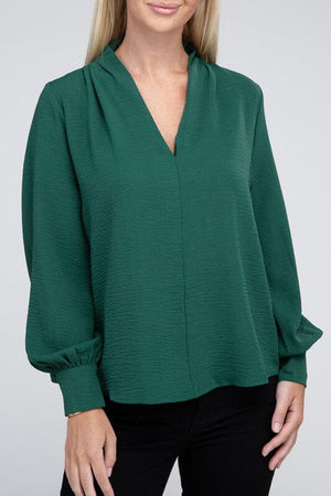 Woven Airflow V-Neck Long Sleeve Top ZENANA DK GREEN S 