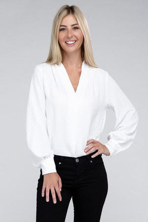 Woven Airflow V-Neck Long Sleeve Top ZENANA WHITE S 