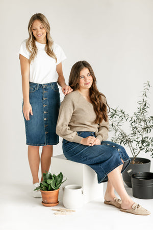 Zana Front Button Denim Midi Skirt