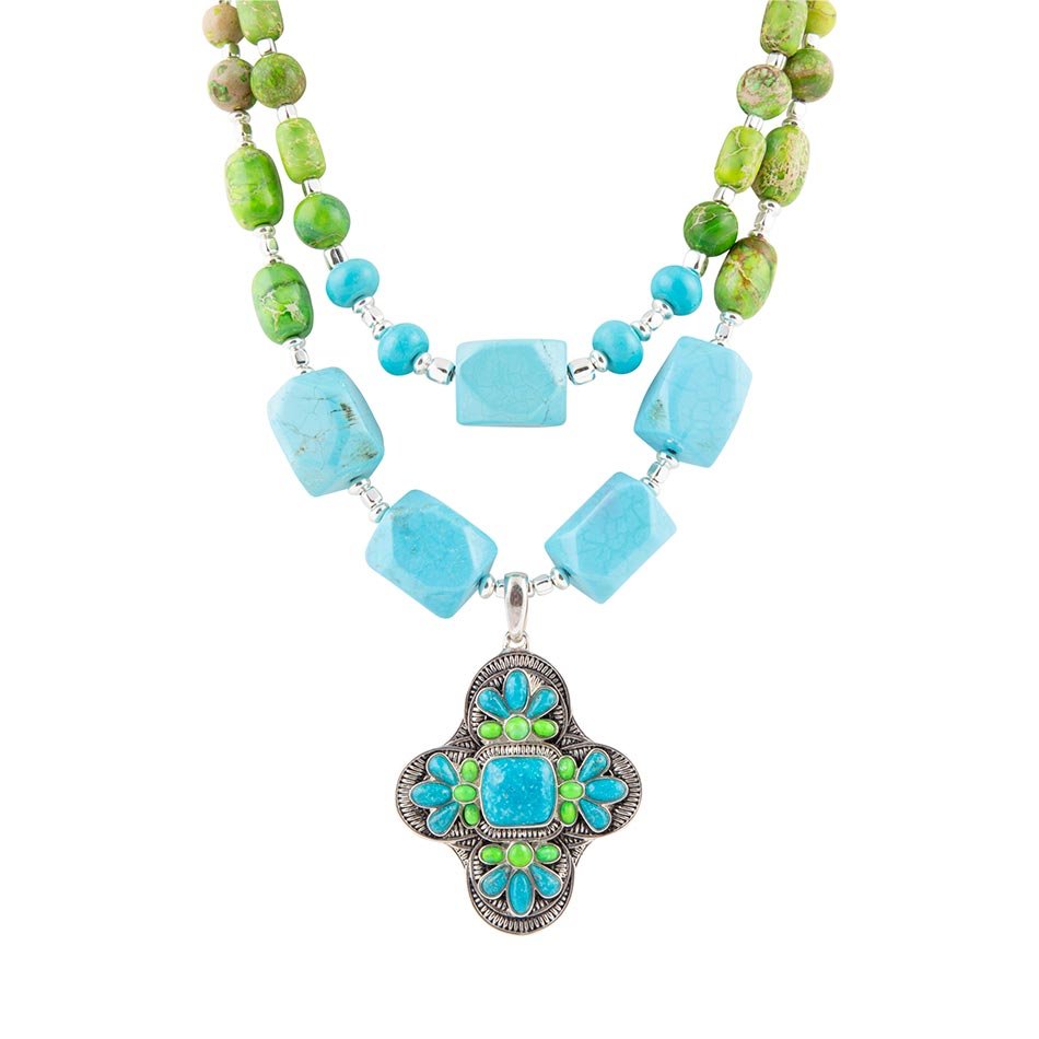 Zion Lime Green and Blue Turquoise and Sterling Silver Statement Necklace
