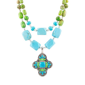 Zion Lime Green and Blue Turquoise and Sterling Silver Statement Necklace