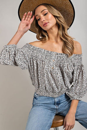 ANIMAL PRINT SMOCKED OFF THE SHOULDER TOP eesome 