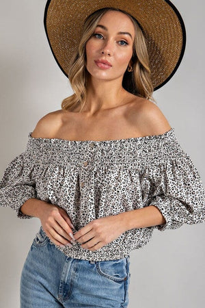 ANIMAL PRINT SMOCKED OFF THE SHOULDER TOP eesome 