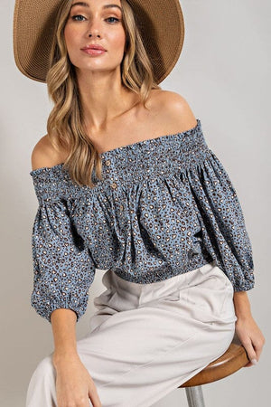 ANIMAL PRINT SMOCKED OFF THE SHOULDER TOP eesome BLUE S 