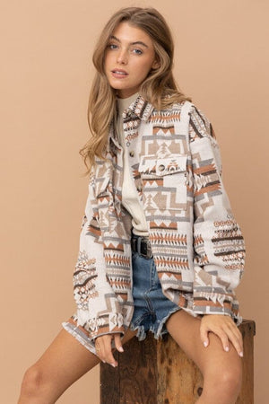 Aztec Western Shacket Blue B Beige M 