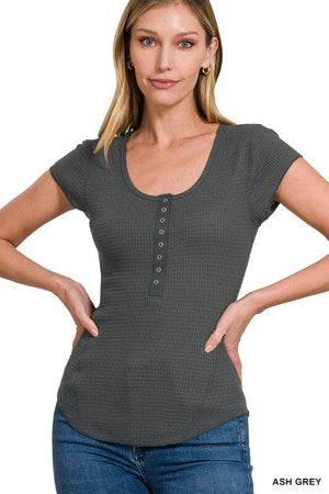 BABY WAFFLE SNAP BUTTON CAP SLEEVE TOP ZENANA ASH GREY S 