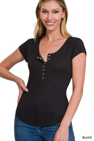 BABY WAFFLE SNAP BUTTON CAP SLEEVE TOP ZENANA BLACK S 