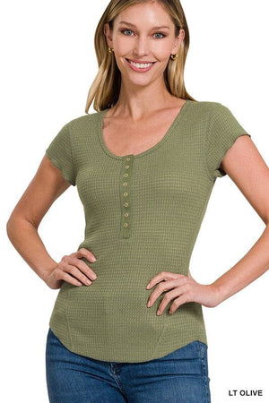 BABY WAFFLE SNAP BUTTON CAP SLEEVE TOP ZENANA LT OLIVE S 