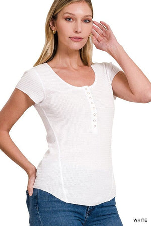 BABY WAFFLE SNAP BUTTON CAP SLEEVE TOP ZENANA WHITE S 