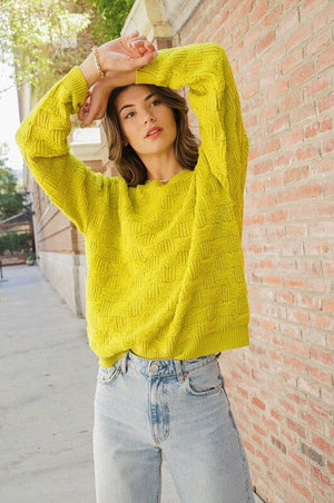 BASKET WEAVE PATTERNED SWEATER Lumiere Chartreuse S 