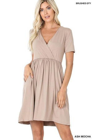 BRUSHED DTY BUTTERY SOFT FABRIC SURPLICE DRESS ZENANA ASH MOCHA S 