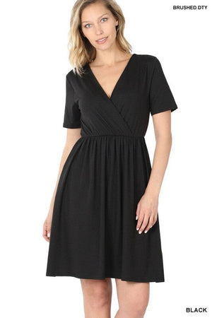 BRUSHED DTY BUTTERY SOFT FABRIC SURPLICE DRESS ZENANA BLACK S 