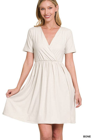 BRUSHED DTY BUTTERY SOFT FABRIC SURPLICE DRESS ZENANA BONE S 