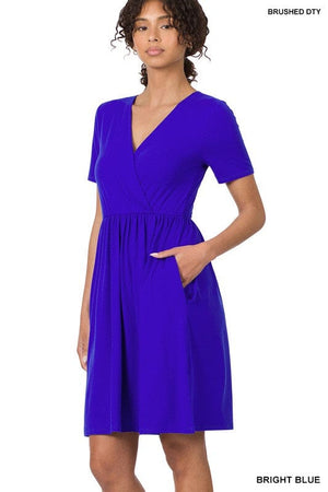 BRUSHED DTY BUTTERY SOFT FABRIC SURPLICE DRESS ZENANA BRIGHT BLUE S 