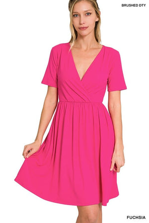 BRUSHED DTY BUTTERY SOFT FABRIC SURPLICE DRESS ZENANA FUCHSIA S 