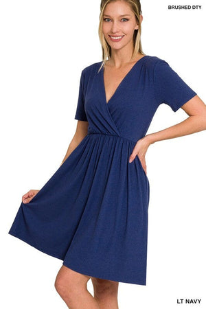 BRUSHED DTY BUTTERY SOFT FABRIC SURPLICE DRESS ZENANA LT NAVY S 